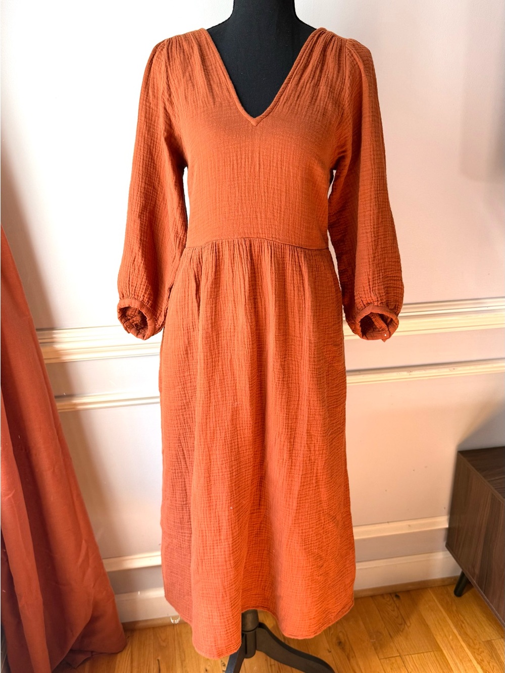 Madewell Lightspun V-Neck Midi Dress XS Burnt Clay Cotton Gauze Open Back Rust